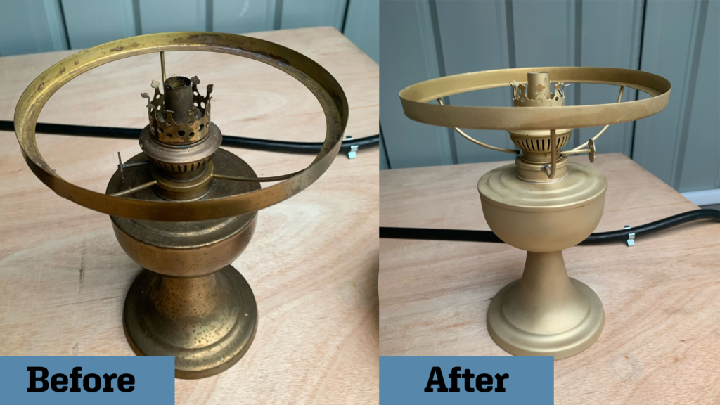 Before and after restoration of a brass antique lamp using vapour blasting.