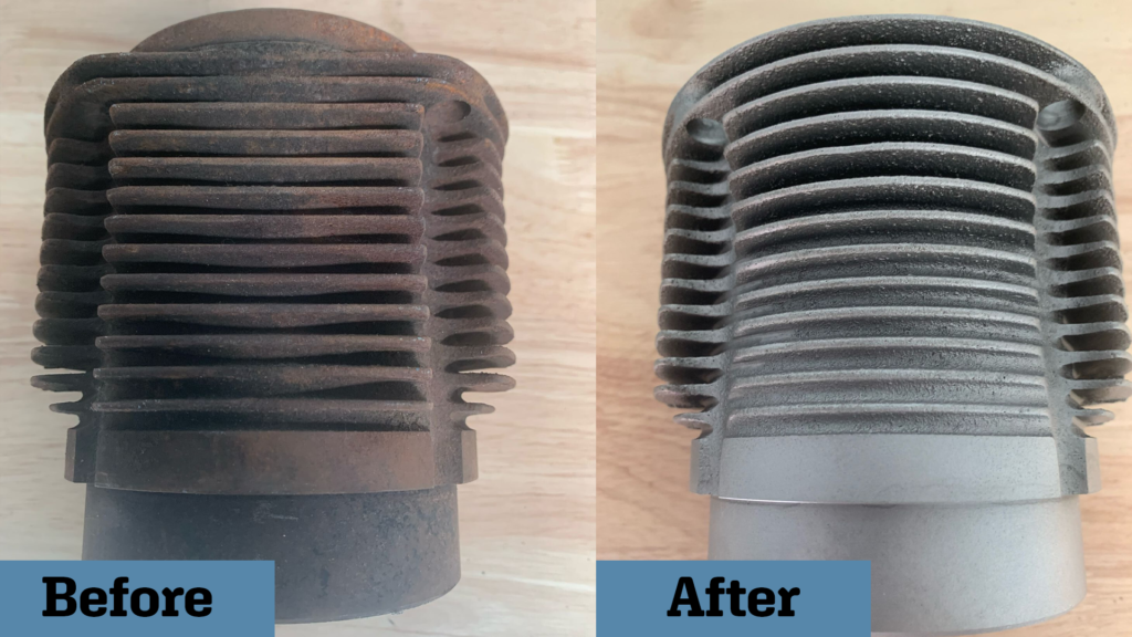 Before and after vapour blasting of a metal engine part, showing restoration