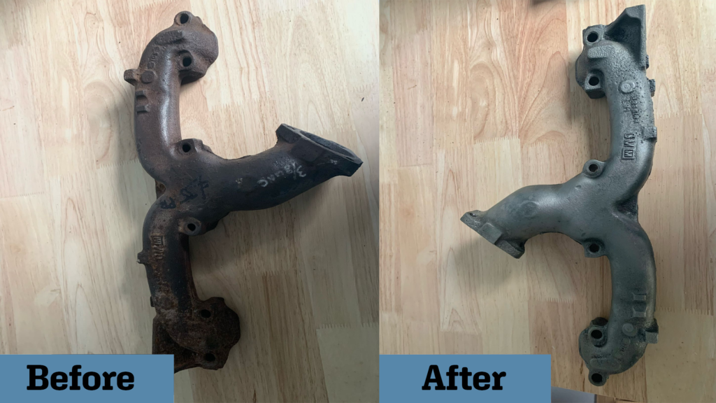 Before and after comparison of a rusted exhaust manifold restored using vapour blasting.