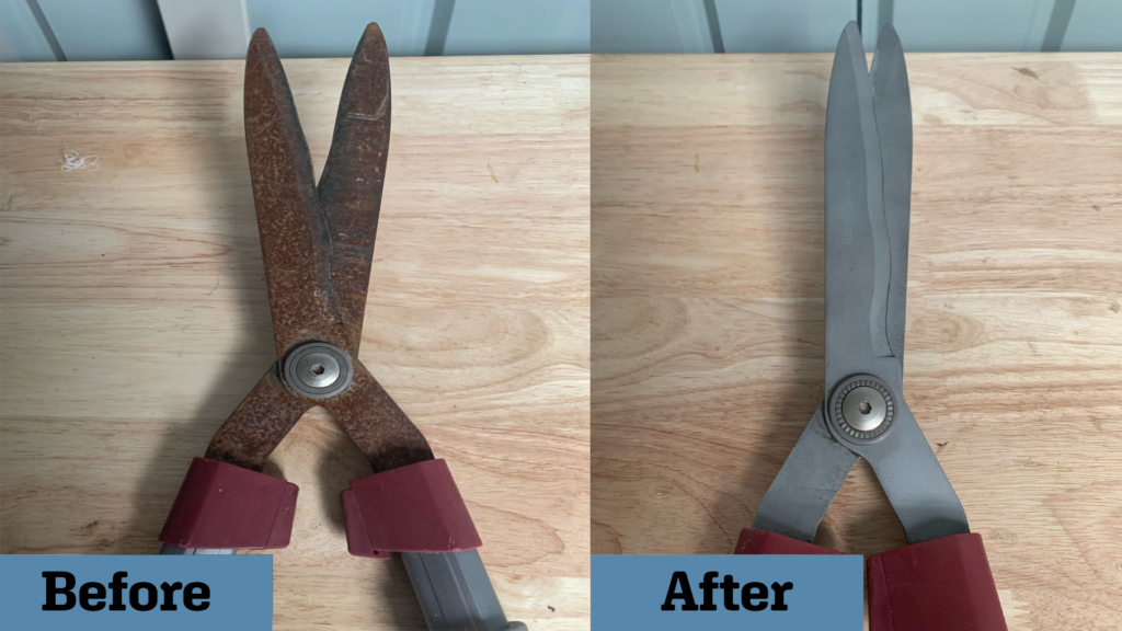Before and after vapour blasting of a metal scissor, showing restoration