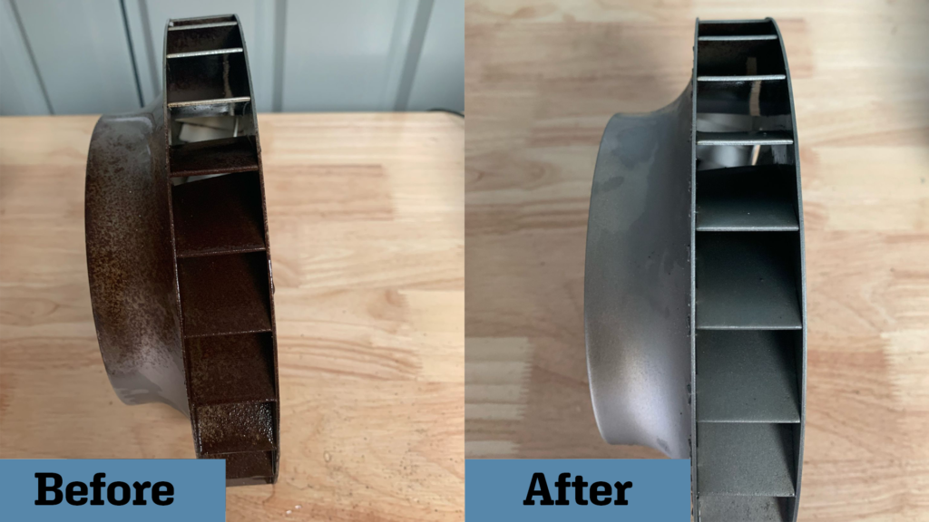 Before and after restoration of a metal turbine component using vapour blasting
