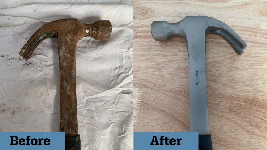 Before and after restoration of a rusted hammer using vapour blasting