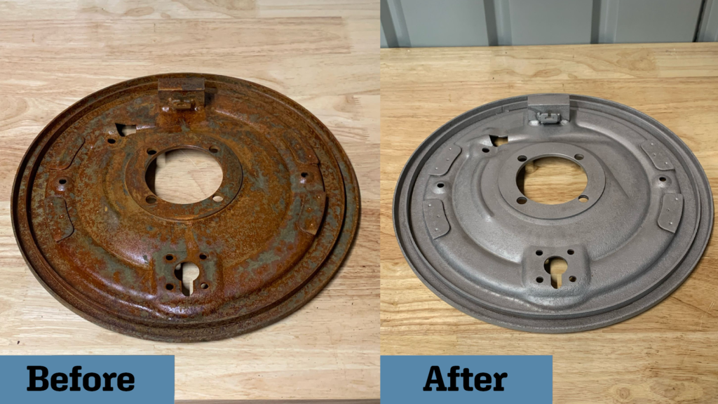 Before and after vapour blasting of a rusted metal brake drum, showing restoration.